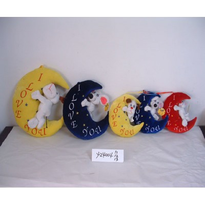 11cm/12cm/13cm customized beautiful valentine soft plush stuffed 3-colour embroidered moon pillow toy with white dog